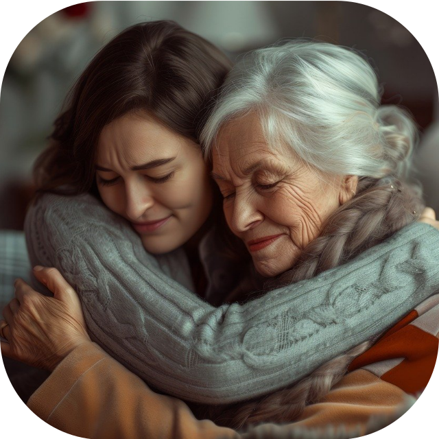 Sandwich generation woman hugging her aging parent after hiring a Daily Money Manager to help with managing finances for her elderly parent with dementia