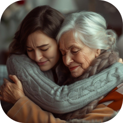 Sandwich generation woman hugging her aging parent after hiring a Daily Money Manager to help with managing finances for her elderly parent with dementia